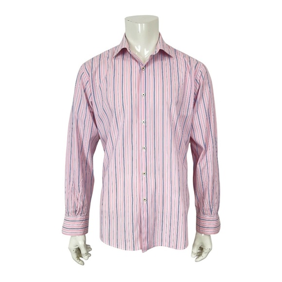 Gianni Orvietto Super Fine Cotton Italy Pink Blue Striped Dress Shirt Mens 17-36 - Picture 3 of 10